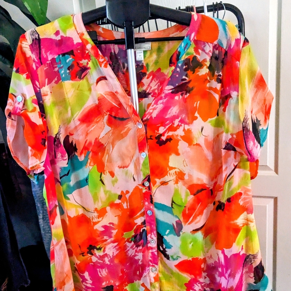 dressbarn Multi-Color Floral Print Button Front Blouse